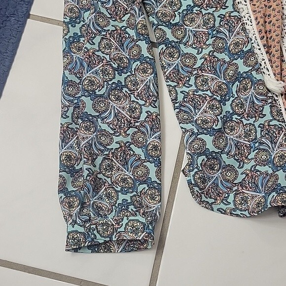 DR2 Women's blue pink patterned boho blouse Size S roll sleeve tassels - Picture 6 of 9